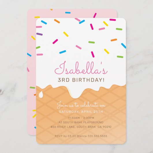 子供の誕生日パーティーアイスクリームコーンピンクの散水 招待状 (正面/裏面)