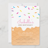 子供の誕生日パーティーアイスクリームコーンピンクの散水 招待状 (正面)