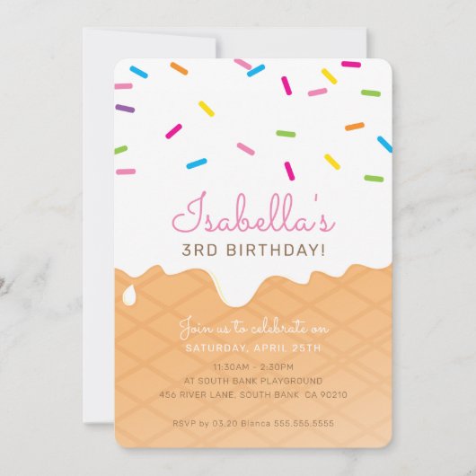 子供の誕生日パーティーアイスクリームコーンピンクの散水 招待状 (正面)