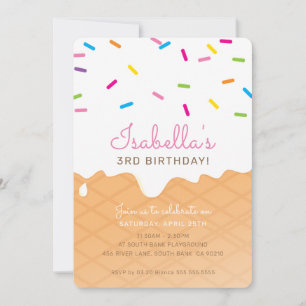 子供の誕生日パーティーアイスクリームコーンピンクの散水 招待状