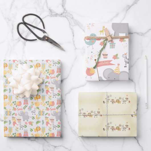 子供の誕生日パーティーアニマルジャングルテーマ誕生日 ラッピングペーパーシート (正面)