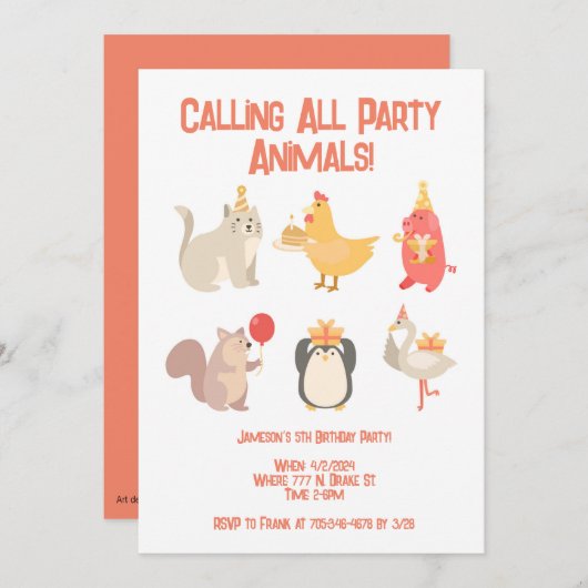 子供の誕生日パーティーアニマルズボーイズサファリ 招待状 (正面/裏面)