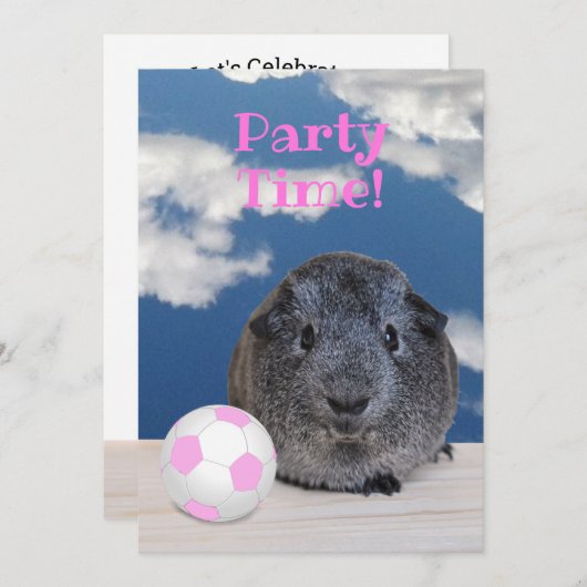 子供の誕生日パーティーギニア豚ピンクサッカーボール 招待状 (正面/裏面)