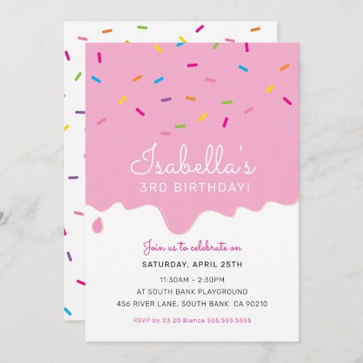 子供の誕生日パーティーケーキつや消しの滴り 招待状 (正面/裏面)