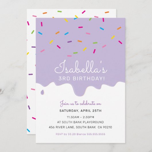 子供の誕生日パーティーケーキは紫を散らす 招待状 (正面/裏面)