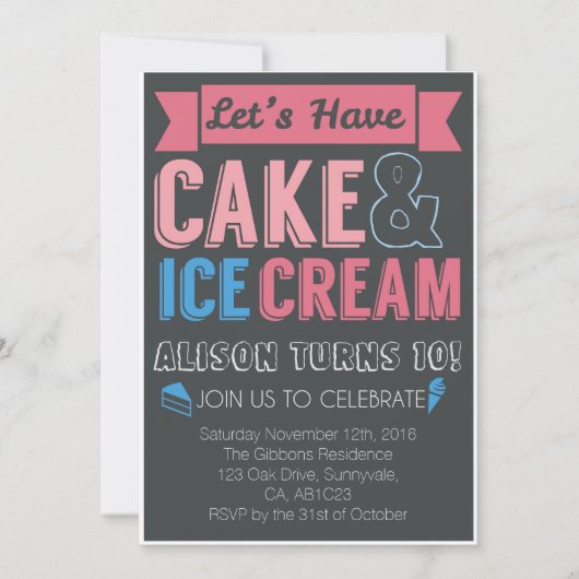 子供の誕生日パーティーケーキアイスクリーム招待状 招待状 (正面)