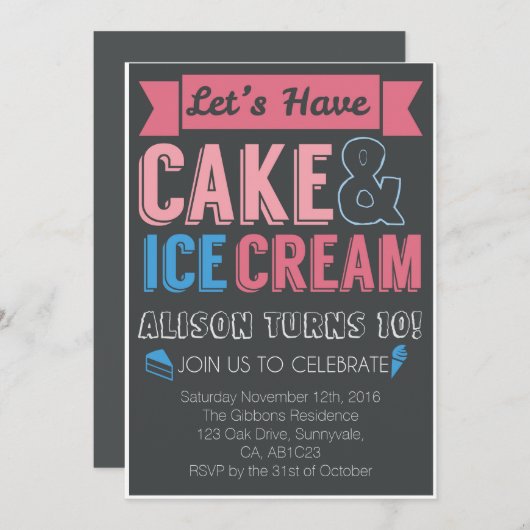 子供の誕生日パーティーケーキアイスクリーム招待状 招待状 (正面/裏面)