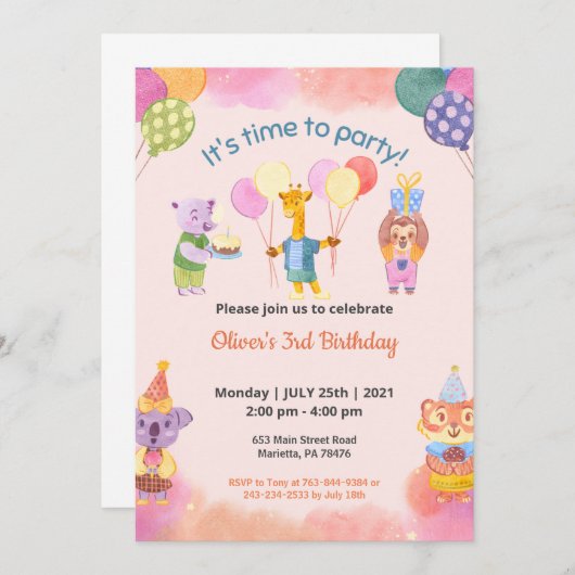 子供の誕生日パーティーテーマ 招待状 (正面/裏面)