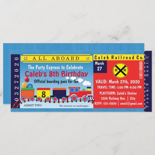 子供の誕生日パーティートラベルトレインチケット招待状 招待状 (正面/裏面)