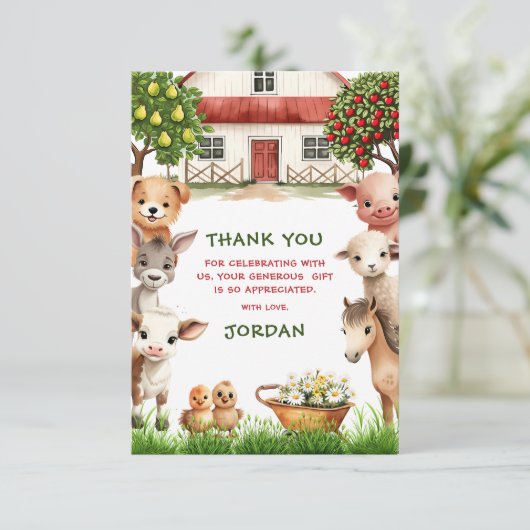 子供の誕生日パーティーファーム動物の写真（男の子） サンキューカード (スタンド正面)