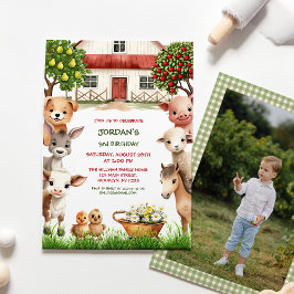子供の誕生日パーティーファーム動物の写真（男の子） 招待状