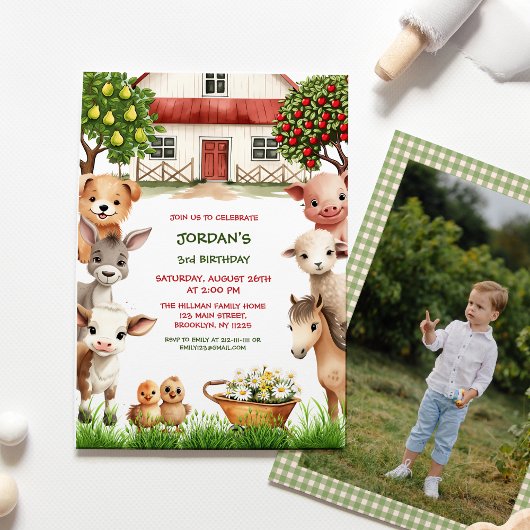 子供の誕生日パーティーファーム動物の写真(男の子) 招待状