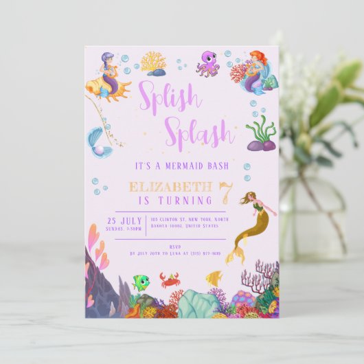 子供の誕生日パーティーマーメイドテーマ カラフル 招待状 (スタンド正面)