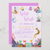 子供の誕生日パーティーマーメイドテーマ カラフル 招待状 (正面/裏面)