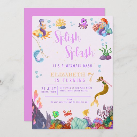 子供の誕生日パーティーマーメイドテーマ カラフル 招待状 (正面/裏面)