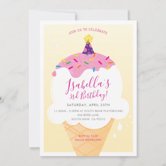子供の誕生日パーティーレトロなアイスクリームコーンイエロー 招待状 (正面)