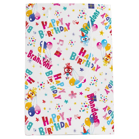 子供の誕生日パーティー名前をカスタムする ミディアムペーパーバッグ (正面)