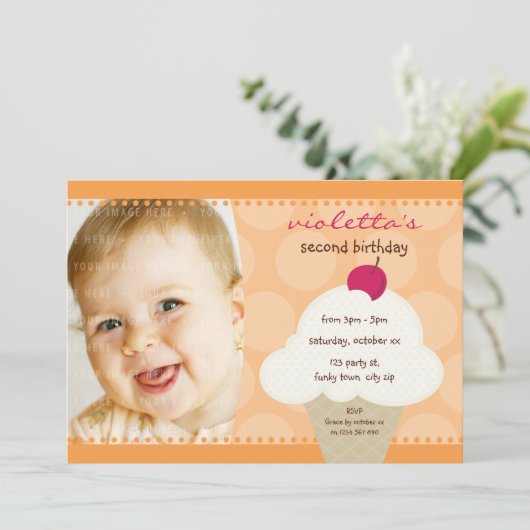 子供の誕生日パーティー招待状かわいいアイスクリームコーン 招待状 (スタンド正面)