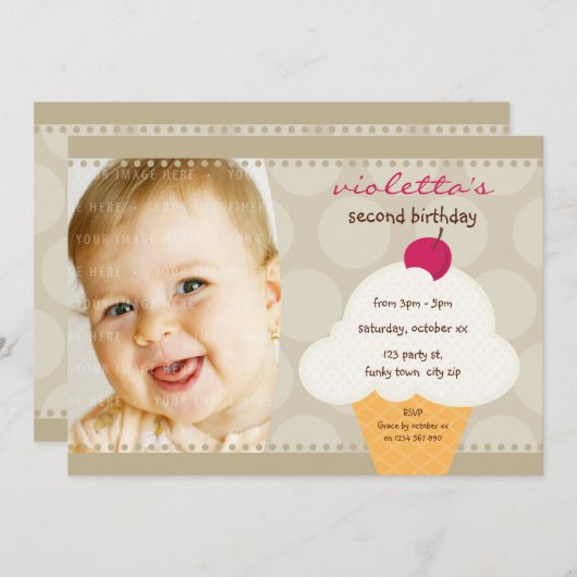 子供の誕生日パーティー招待状かわいいアイスクリームコーン 招待状 (正面/裏面)