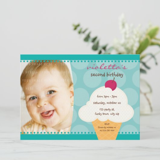 子供の誕生日パーティー招待状かわいいアイスクリームコーン 招待状 (スタンド正面)