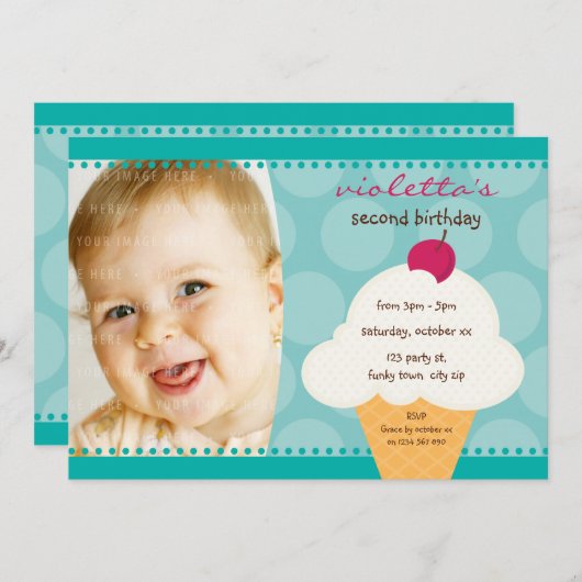 子供の誕生日パーティー招待状かわいいアイスクリームコーン 招待状 (正面/裏面)