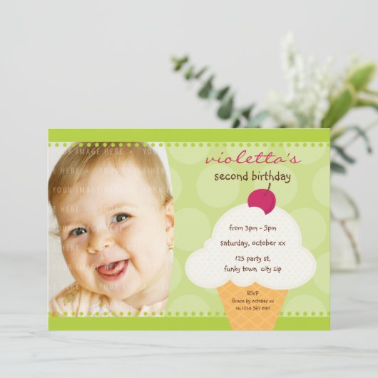 子供の誕生日パーティー招待状かわいいアイスクリームコーン 招待状 (スタンド正面)