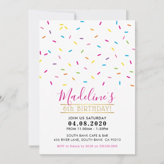 子供の誕生日パーティー招待状かわいいカラフルふりかけ 招待状 (正面)