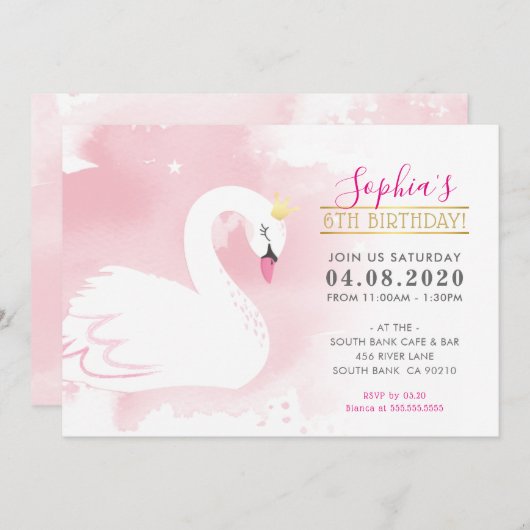 子供の誕生日パーティー招待状スワンプリンセス金ゴールドピンク 招待状 (正面/裏面)