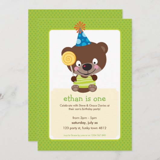 子供の誕生日パーティー招待状テディベア棒つきキャンデー 招待状 (正面/裏面)