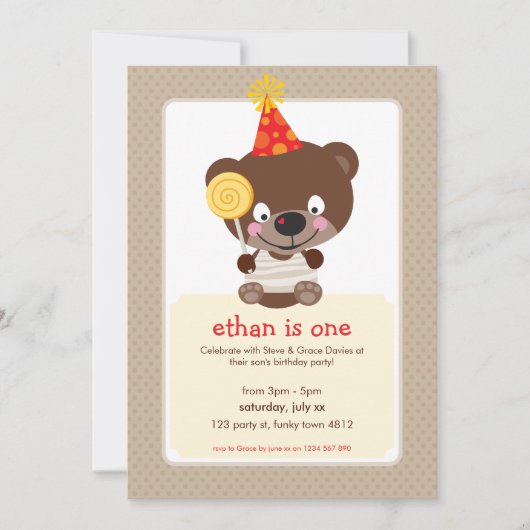 子供の誕生日パーティー招待状テディベア棒つきキャンデー 招待状 (正面)