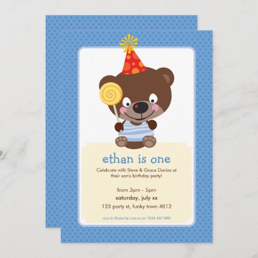 子供の誕生日パーティー招待状テディベア棒つきキャンデー 招待状 (正面/裏面)