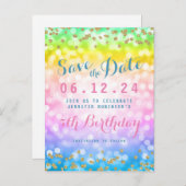 子供の誕生日パーティー日付ユニコーンレインボーを保存 案内ポストカード (正面/裏面)