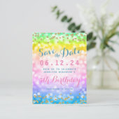 子供の誕生日パーティー日付ユニコーンレインボーを保存 案内ポストカード (スタンド正面)