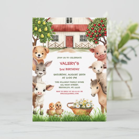 子供の誕生日パーティー農場動物のための女の子 招待状 (スタンド正面)