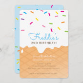 子供の誕生日パーティー アイスクリームコーン 青いスプリンクル 招待状 (正面/裏面)