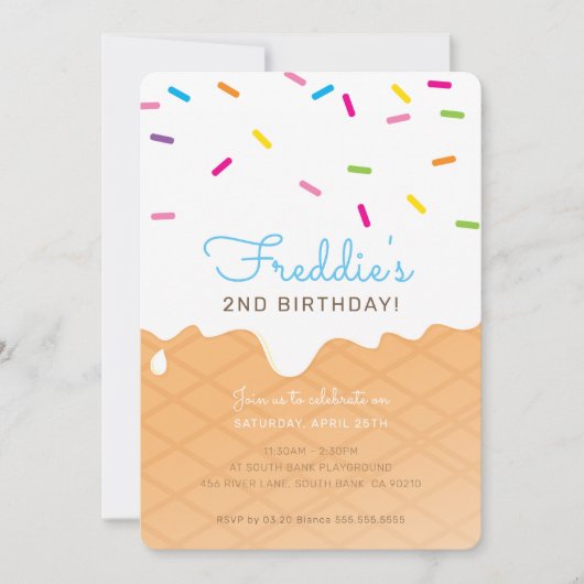 子供の誕生日パーティー アイスクリームコーン 青いスプリンクル 招待状 (正面)