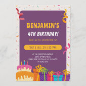 子供の誕生日パーティー ケーキとギフトのデザイン 誕生日 招待状 (正面)