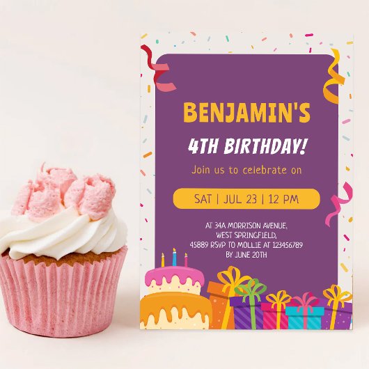 子供の誕生日パーティー ケーキとプレゼント デザイン 誕生日 招待状