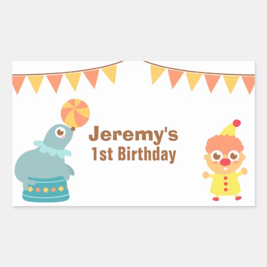子供の誕生日パーティー - サーカスのピエロとアシカ 長方形シール (正面)