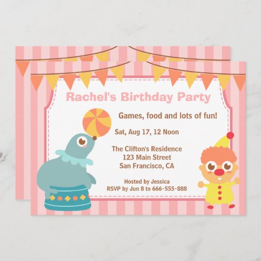 子供の誕生日パーティー-サーカスピエロとシーライオン 招待状 (正面/裏面)