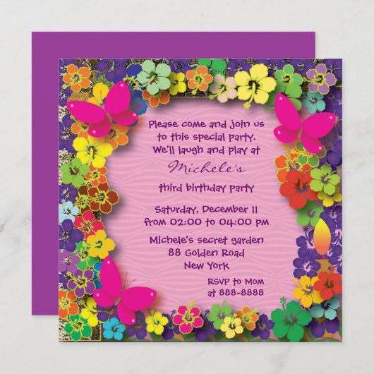 子供の誕生日パーティー:マイ·シークレット·ガーデン 招待状 (正面/裏面)