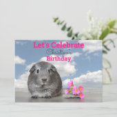 子供の誕生日パーティー 可愛いモルモット ピンクの花 招待状 (スタンド正面)