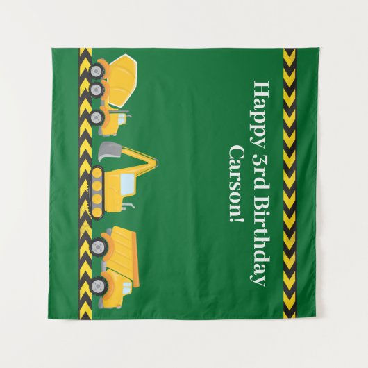 子供の誕生日パーティー 緑の建設トラック タペストリー (正面(横))