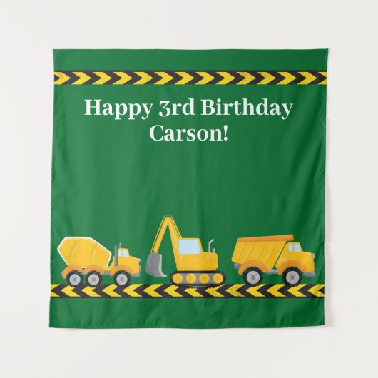 子供の誕生日パーティー 緑の建設トラック タペストリー (正面)