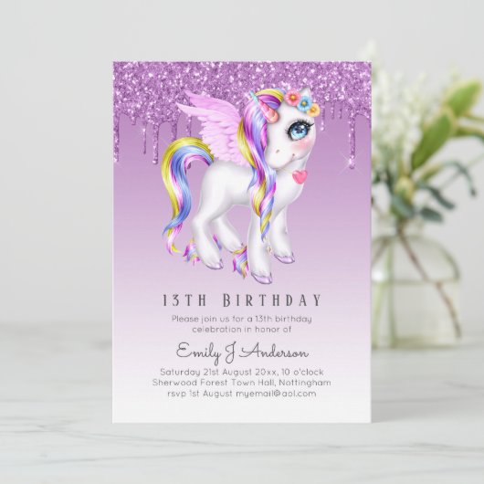 子供の誕生日パープルユニコーンデジタルまたはプリント 招待状 (スタンド正面)
