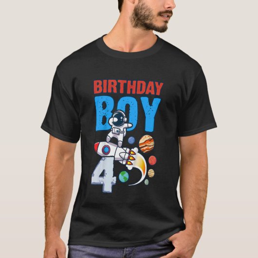 子供の誕生日ボーイ4歳宇宙ロケットダビング Tシャツ (正面)