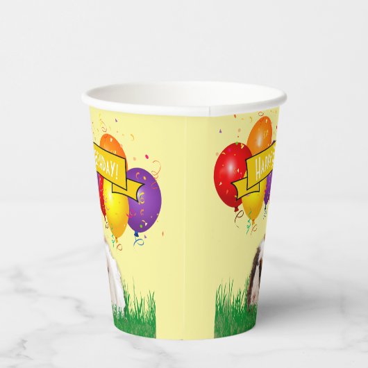 子供の誕生日モルモット風船イエローバナー 紙コップ (右)