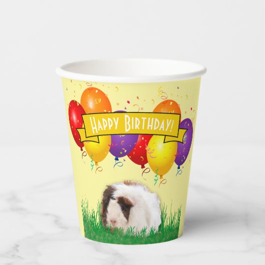 子供の誕生日モルモット風船イエローバナー 紙コップ (正面)