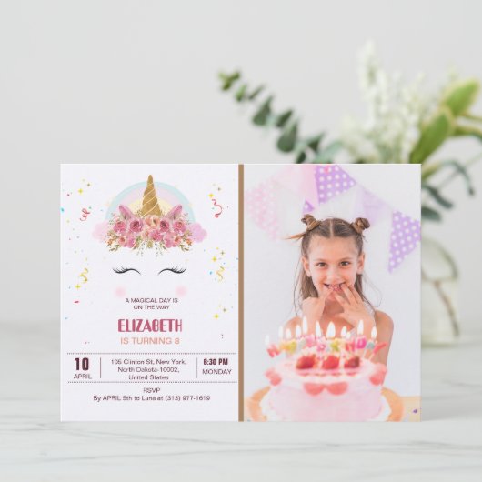子供の誕生日ユニコーンテーマパーソナライズされた写真 招待状 (スタンド正面)