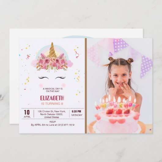 子供の誕生日ユニコーンテーマパーソナライズされた写真 招待状 (正面/裏面)